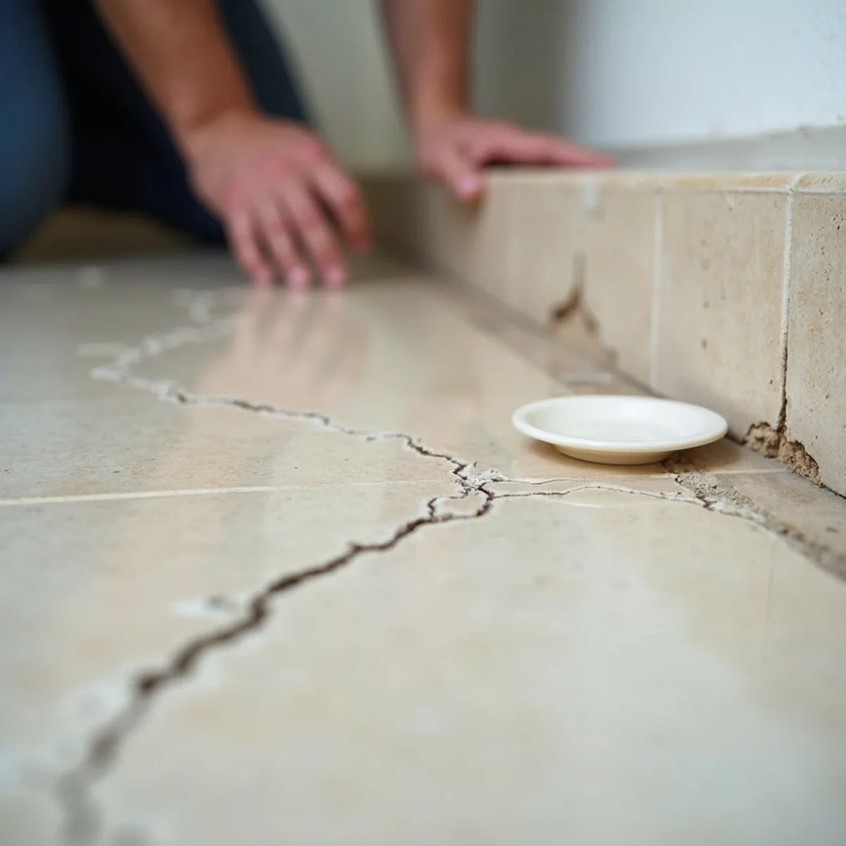 Cracks in tile grout caused by slab movement from a leak