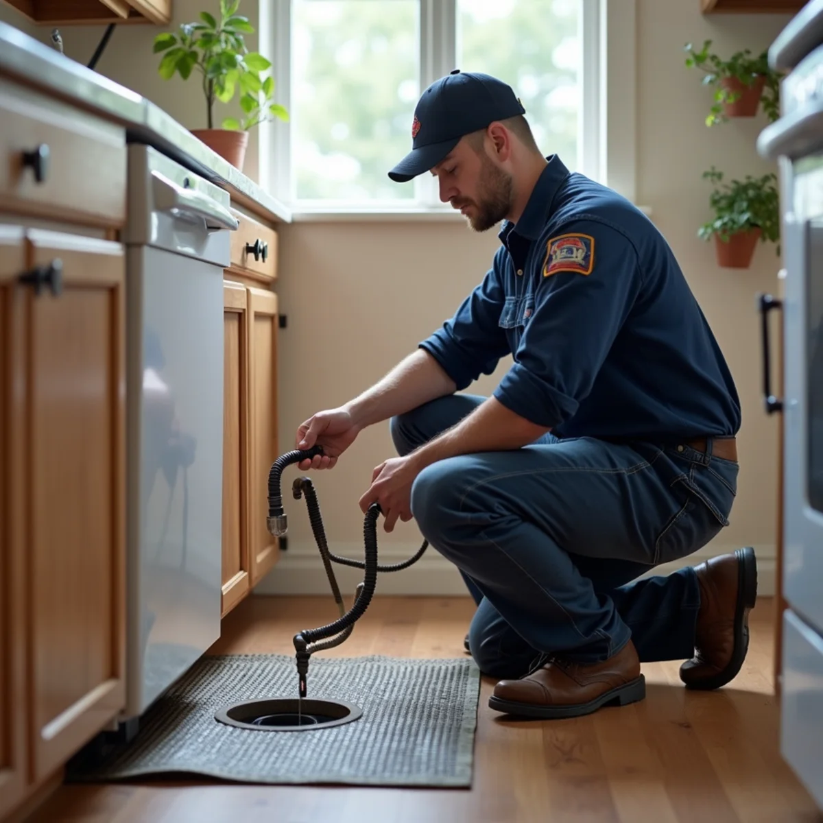 Plumber clearing a clogged kitchen drain line in a Riverside, CA home
