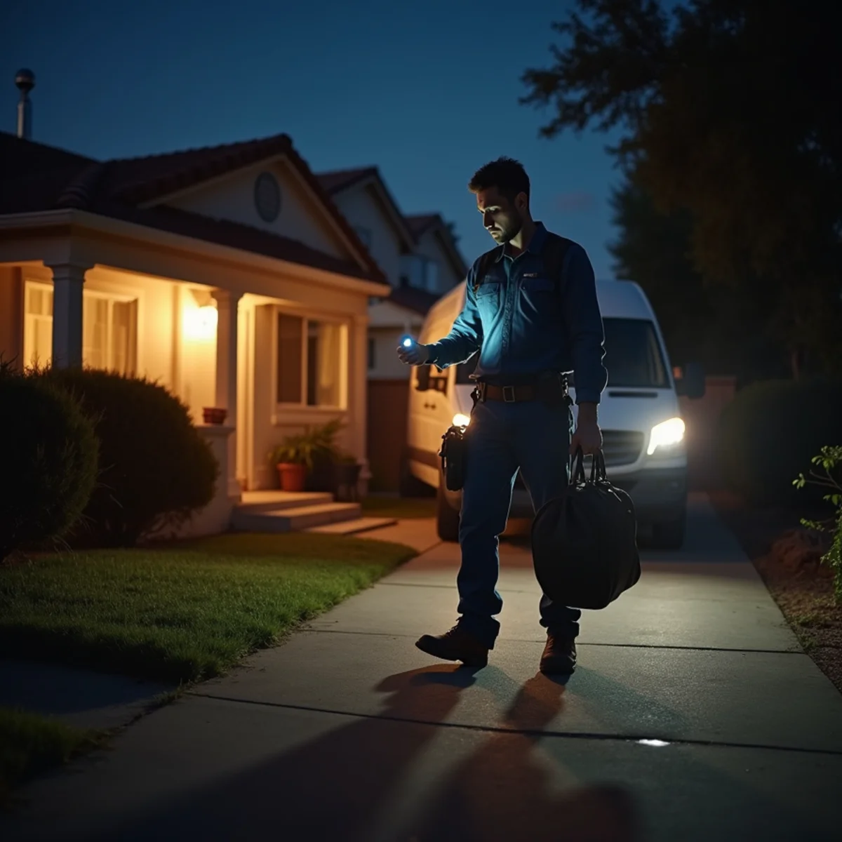 Emergency plumber arriving at a Riverside, CA home at night for a burst pipe