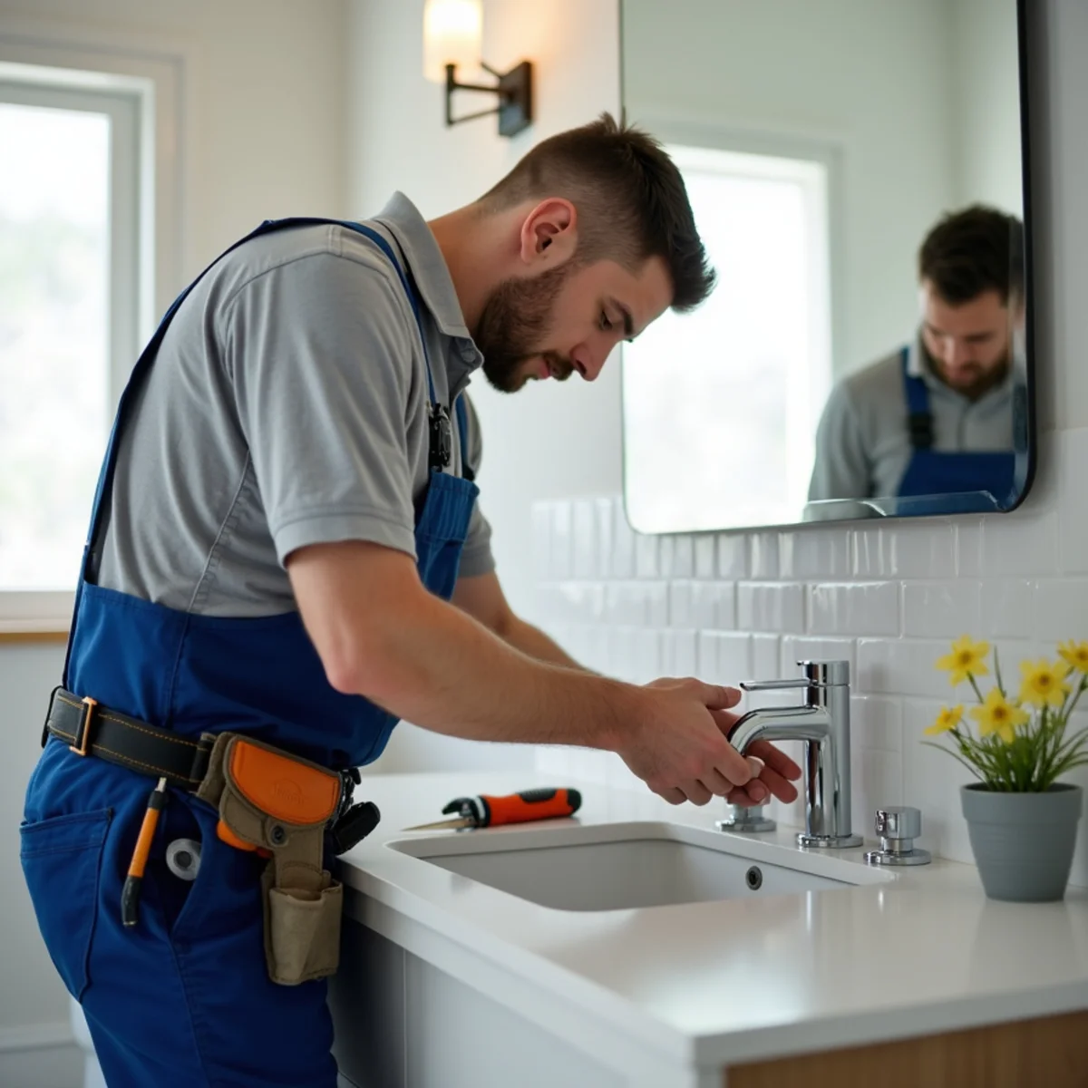 Plumber installing a new kitchen faucet in a Riverside, CA home