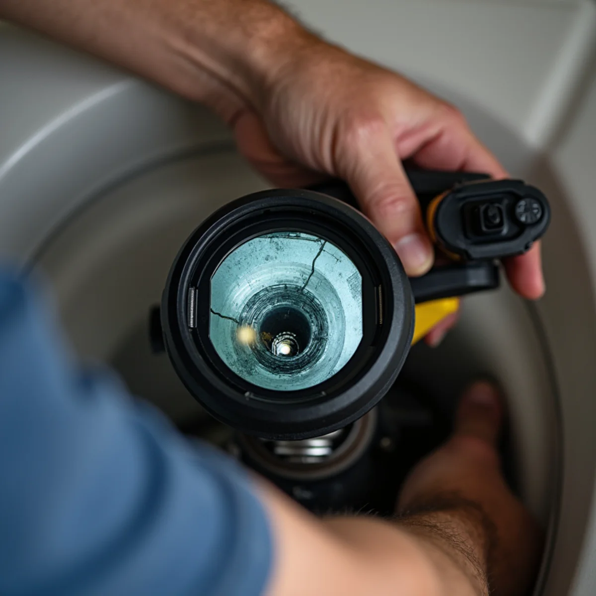 Plumber running a sewer camera inspection on a Riverside, CA property