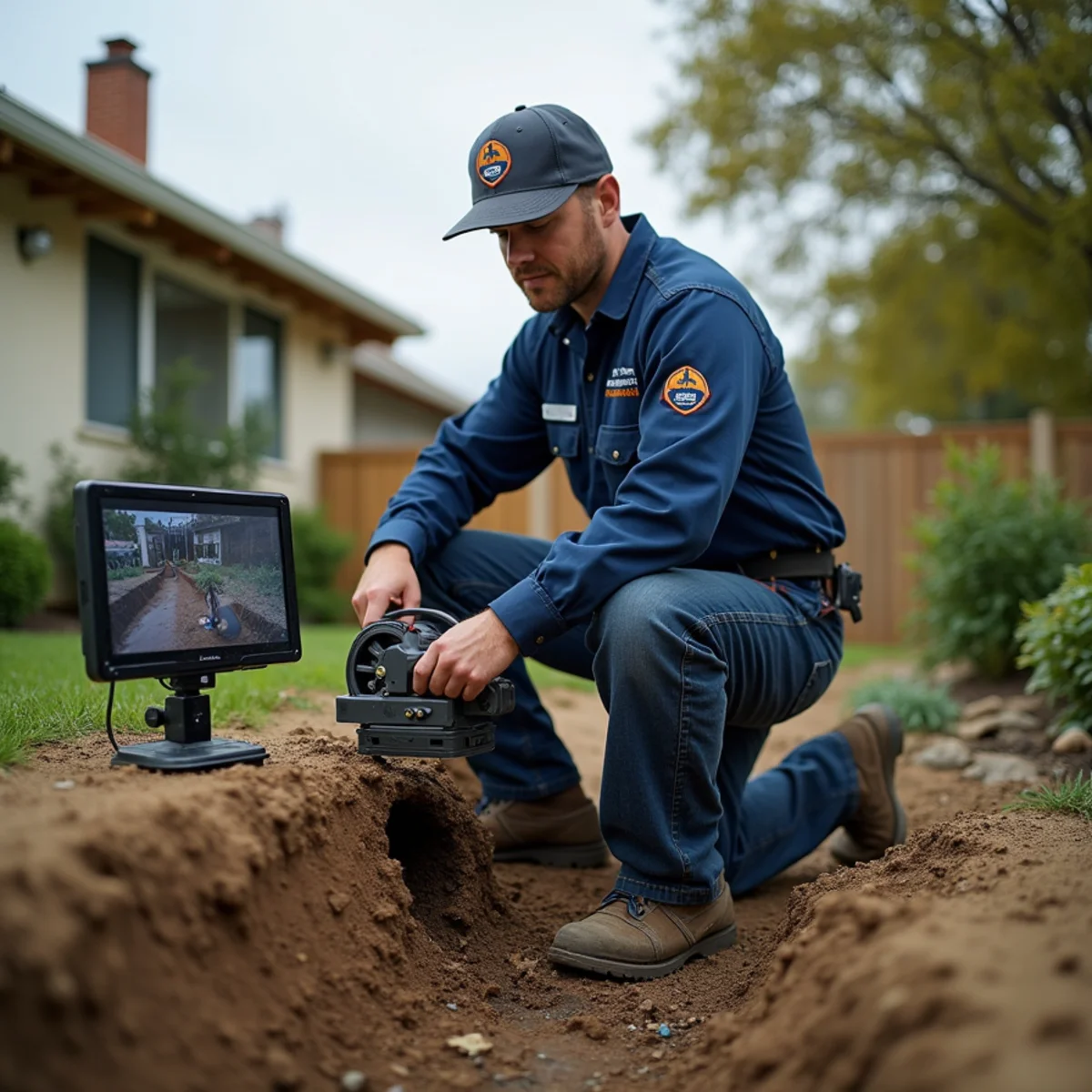 Trenchless sewer line repair equipment on a Riverside, CA residential job site