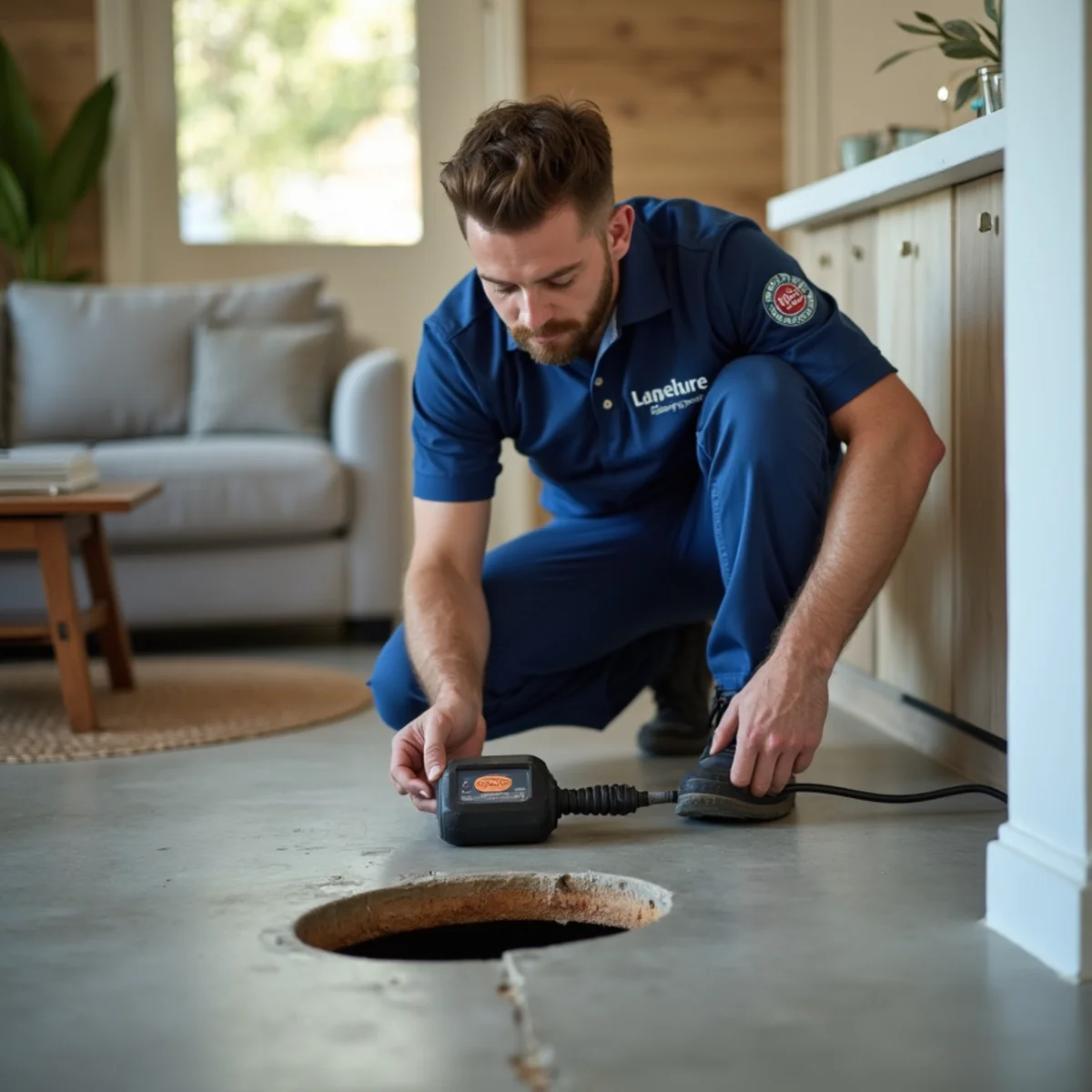 Plumber pinpointing a slab leak under a Riverside, CA home's concrete foundation